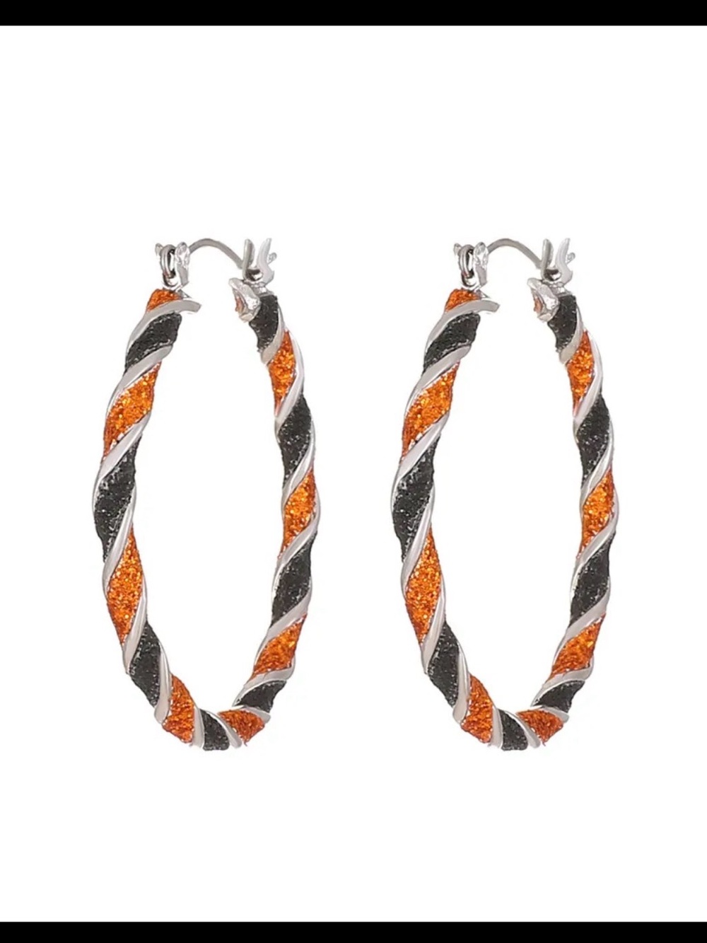 Twisted Glitter Hoop Earrings in Orange and Black